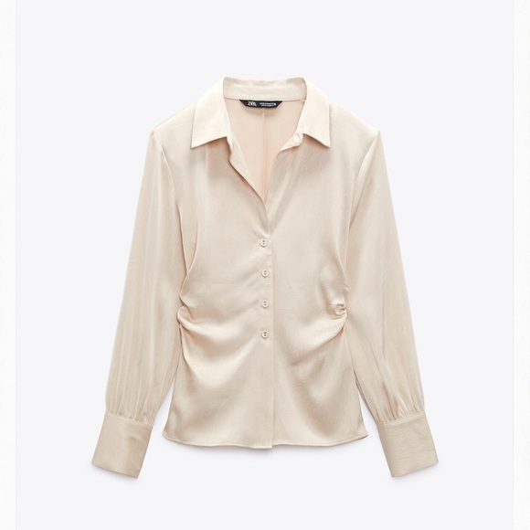 Zara SHOULDER PAD SATIN EFFECT SHIRT cream tan medium button down silk top - Picture 1 of 4